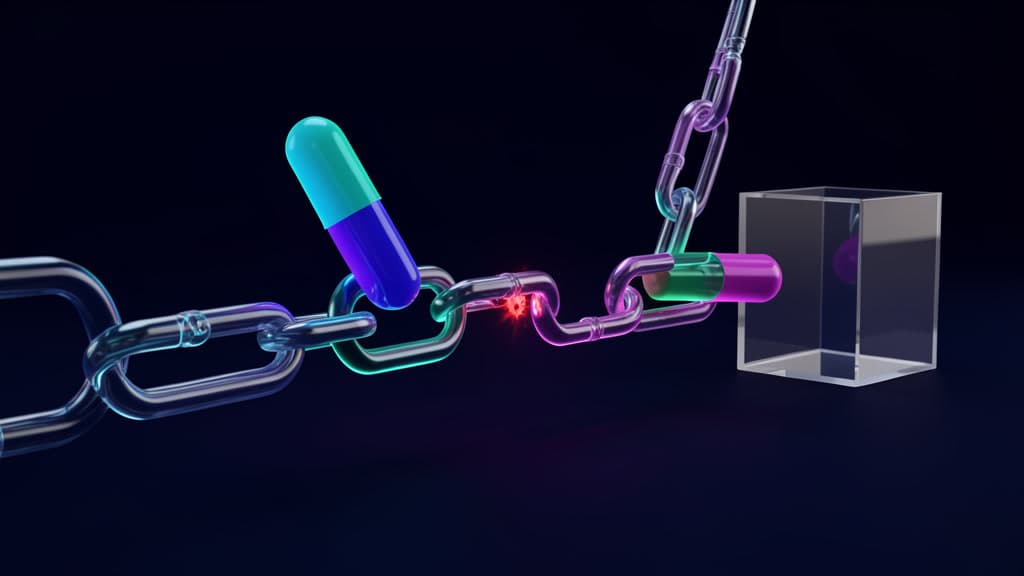 A cool-toned glass audit chain with glowing action capsules, a fault pulse, and a blank tamper-test cube on a dark navy background.