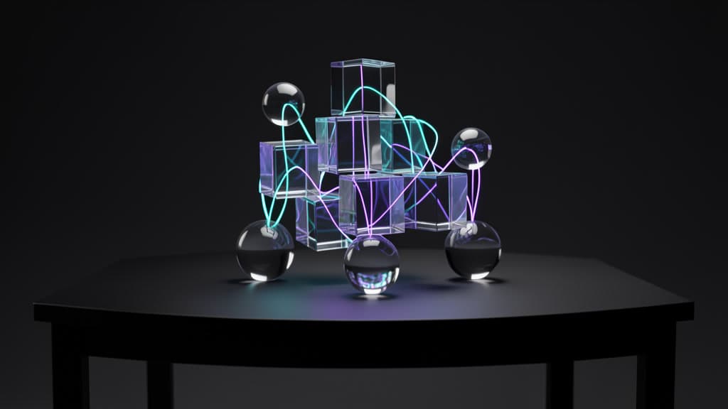 Clear glass cubes and spheres on a dark workbench connected by cyan and violet light paths, suggesting an agent tracing browser evidence without text or UI.