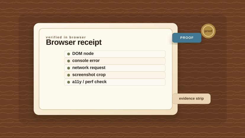 A browser evidence receipt folder showing DOM snapshot, console warning, network request, screenshot, and accessibility or performance check lanes before a reviewer accepts an agent's browser fix.