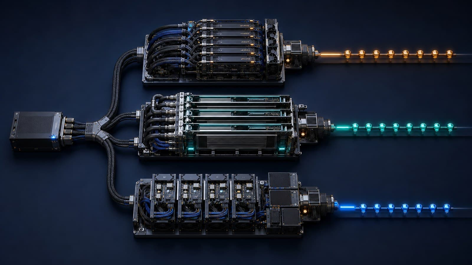 One neutral model module connects to three parallel hardware assemblies with different internal layouts and separate rows of colored indicator lights on a dark blue engineering bench.