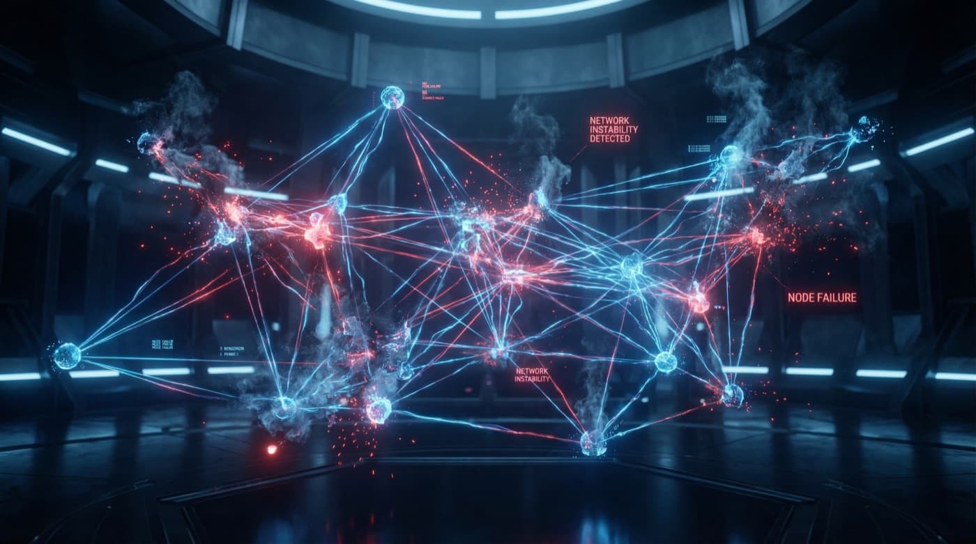 Abstract visualization of AI network nodes disconnecting