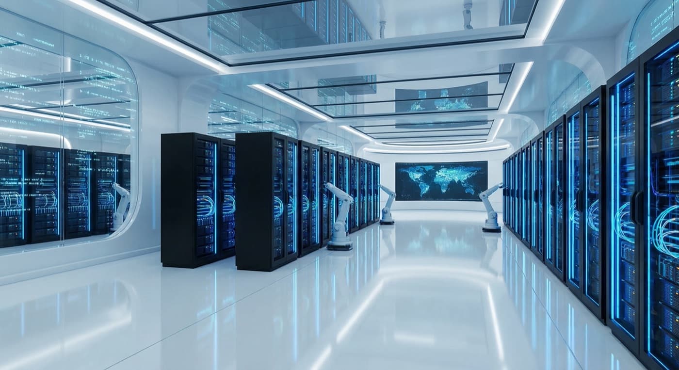 Futuristic AI data center server rack with blue lighting