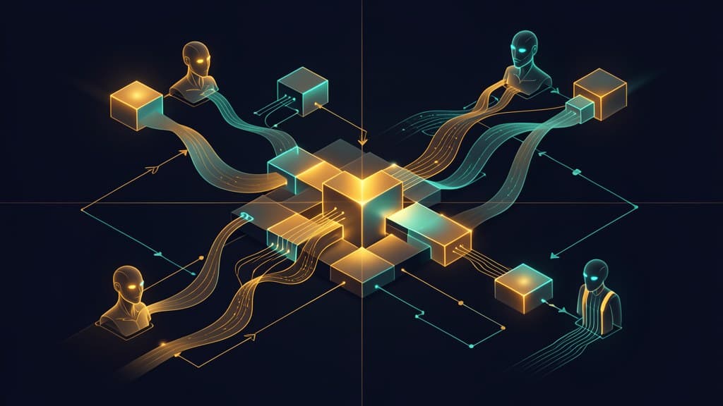 Abstract glowing enterprise workflow network with connected nodes and agent-like figures