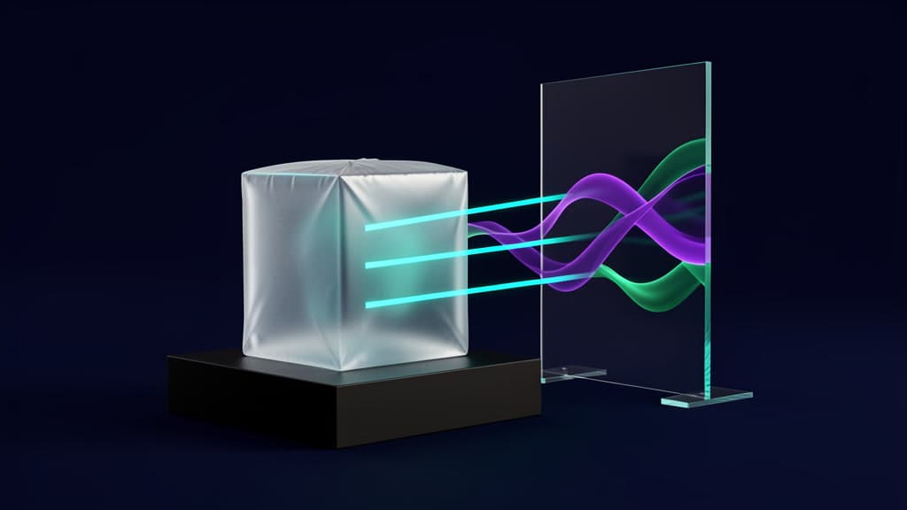 A sealed skill package on a clean workbench passing under a blue and cyan scanning beam before a gate, with a separate violet-lit agent work area glowing on the far side, in a cool navy, cyan, and violet palette.