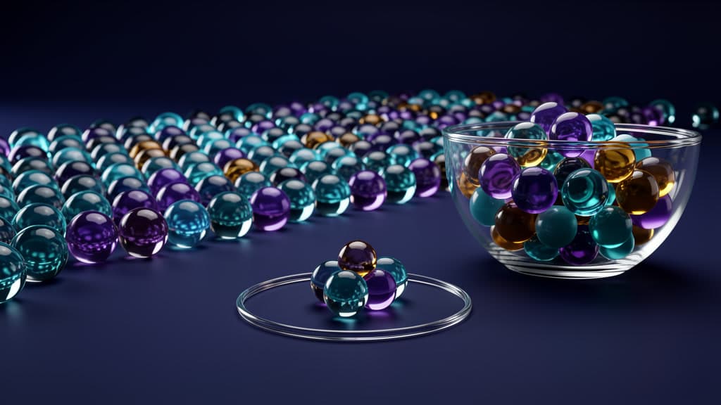 A small group of cyan, violet, teal, and amber glass beads rests inside a clear ring in front of a large field of beads and a full glass bowl.
