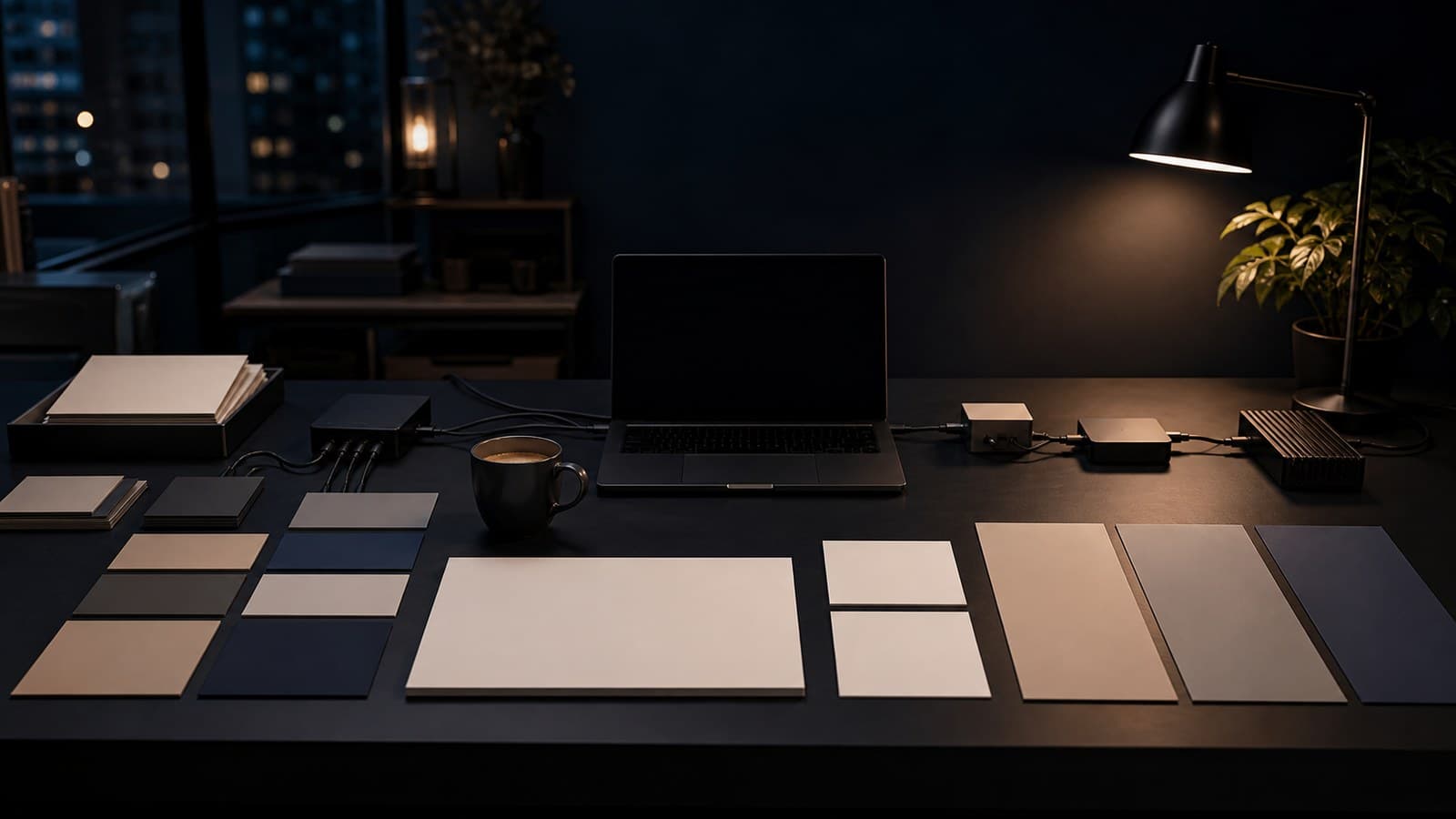 A blank laptop, blank paper sheets, color swatches, a ceramic vessel, and unlabeled equipment modules arranged on a dark workbench.