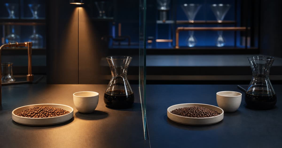 Two coffee cupping stations with separate trays of roasted beans, cups, and carafes sit on opposite sides of a glass partition.