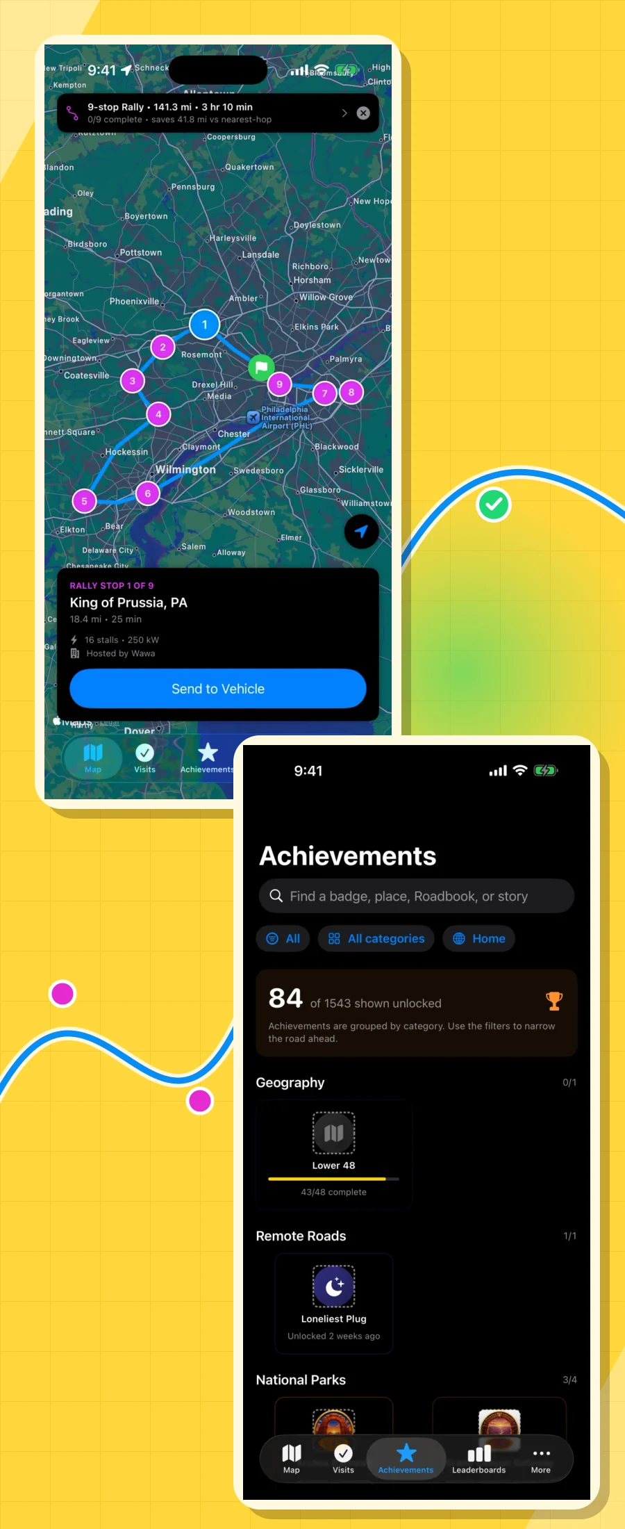 Two real Supercharger Rally screens show a nine-checkpoint route around Philadelphia and the Achievements collection, where the “Loneliest Plug” badge is marked unlocked.