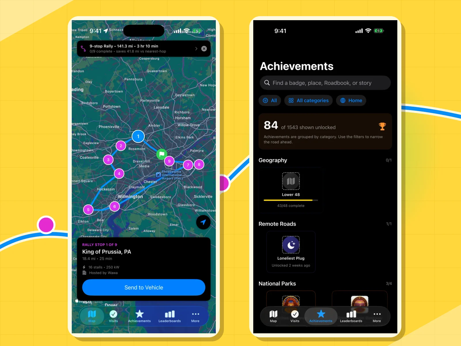 Two real Supercharger Rally screens show a nine-checkpoint route around Philadelphia and the Achievements collection, where the “Loneliest Plug” badge is marked unlocked.