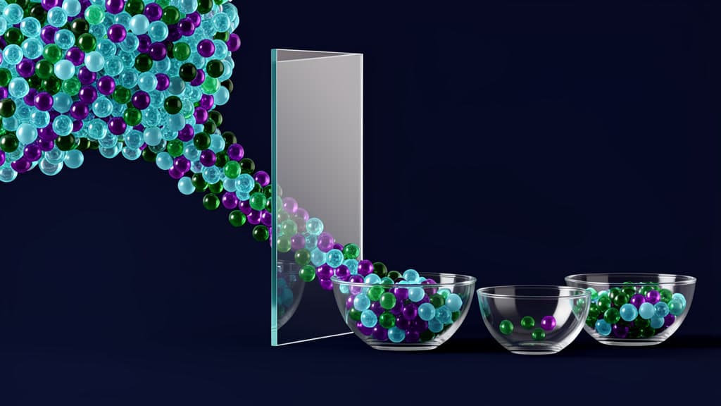 Cool-toned glass conversation beads flow through a blank handoff gate into clear support queue bowls on a navy background.