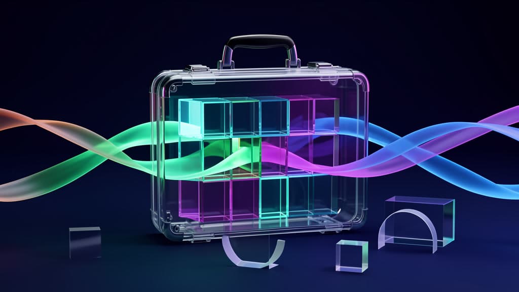 Transparent support AI portability kit with cool light paths moving through blank glass modules.