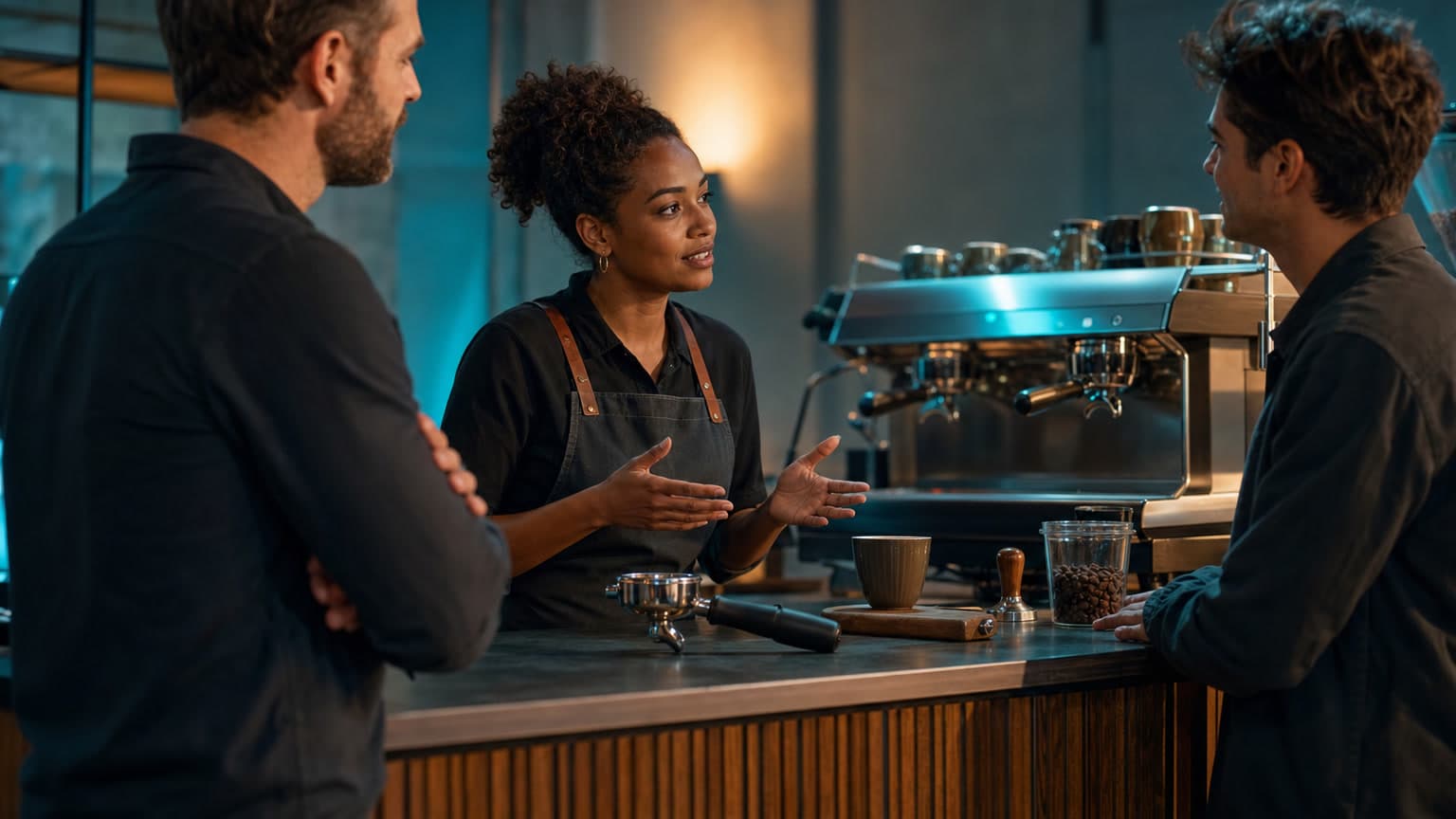 Three adults talk around an espresso counter while the central barista gestures beside a portafilter, coffee cup, tamper, coffee beans, and espresso machine.