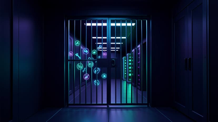 A cool blue runtime control gate holds abstract tool-call orbs before they reach protected production systems.