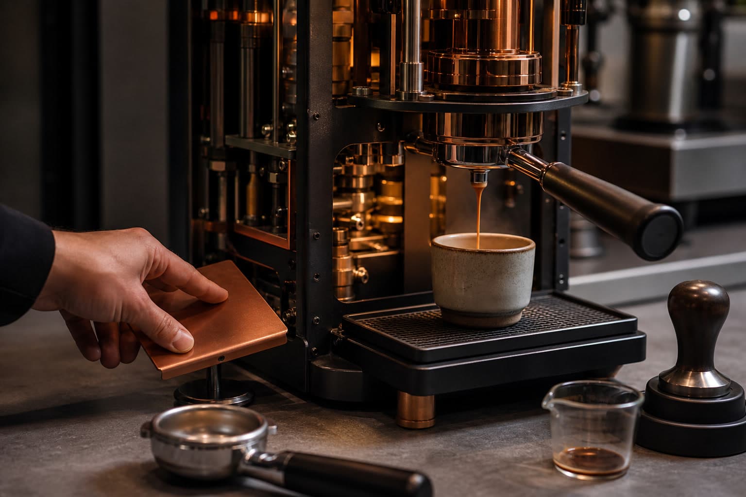 A hand presses a plain copper paddle beside an exposed espresso machine as espresso continues pouring into a ceramic cup, with a portafilter, glass, and tamper nearby.