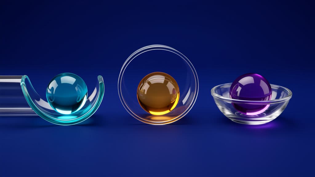 A cyan sphere rests in a curved channel, an amber sphere sits inside a clear ring, and a violet sphere rests in a shallow bowl on a deep blue background.