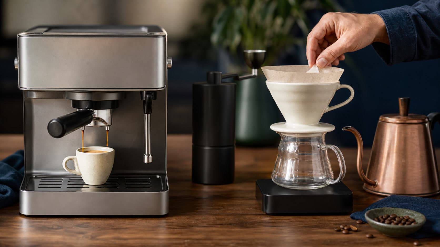 A steel espresso machine fills a ceramic cup beside a hand placing a paper filter into a ceramic pour-over dripper over a glass server, with a grinder, kettle, and coffee beans nearby.