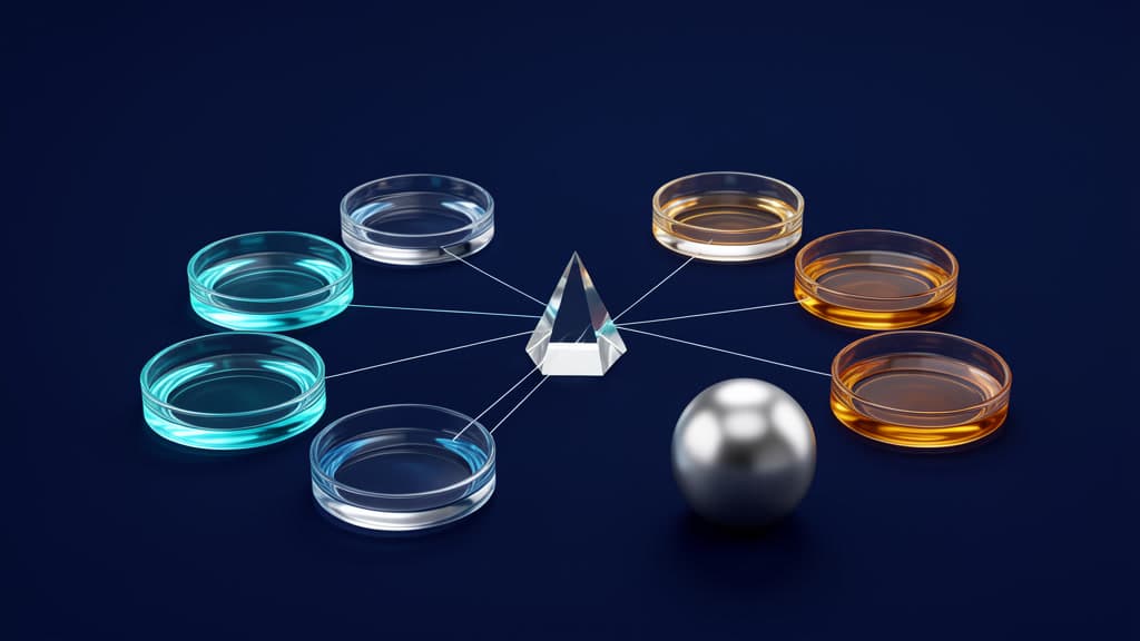 Seven shallow cyan, clear, and amber glass basins connected by thin lines to a central clear prism, with a separate silver sphere.