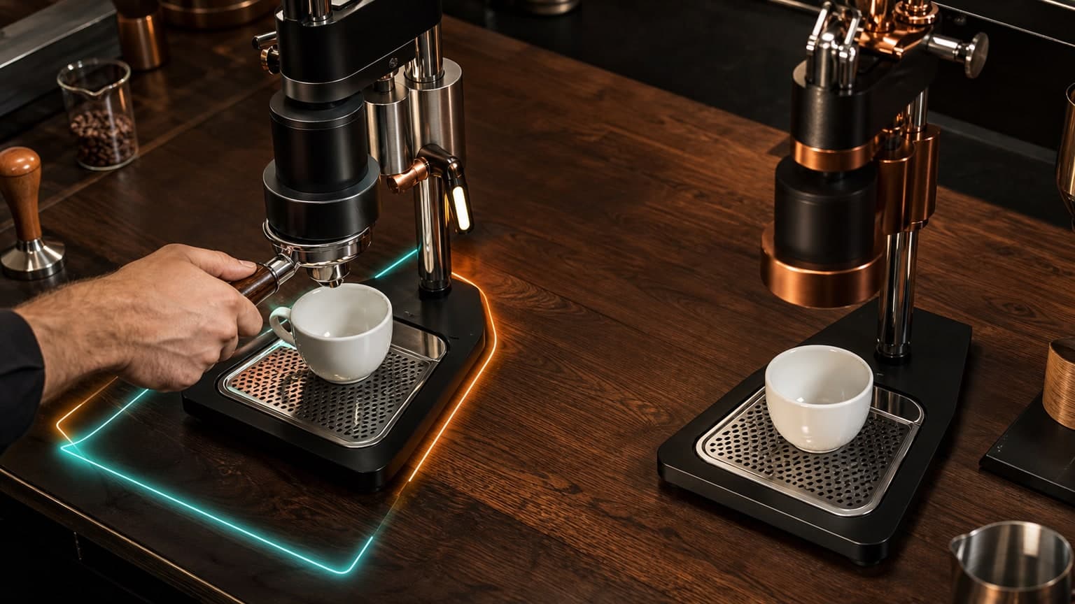 A hand holds a portafilter beneath the left espresso machine while white cups sit below both machines and amber and teal light outline only the left base.