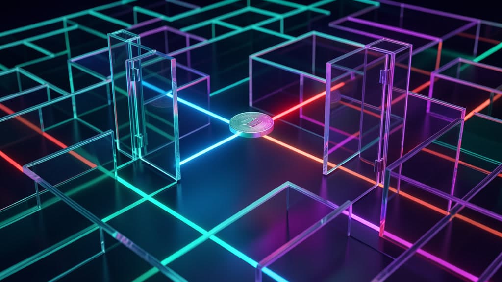 Cool-toned glass maze with a small transaction token paused between secure review gates.