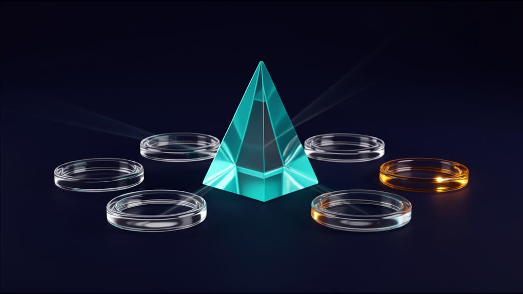 A cyan glass pyramid surrounded by five clear rings and one glowing amber ring on a dark navy background.