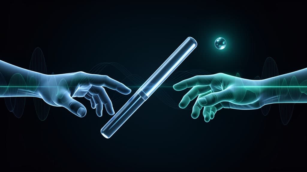 A translucent glass baton floats between two luminous hands, suggesting a voice AI handoff during a live conversation.