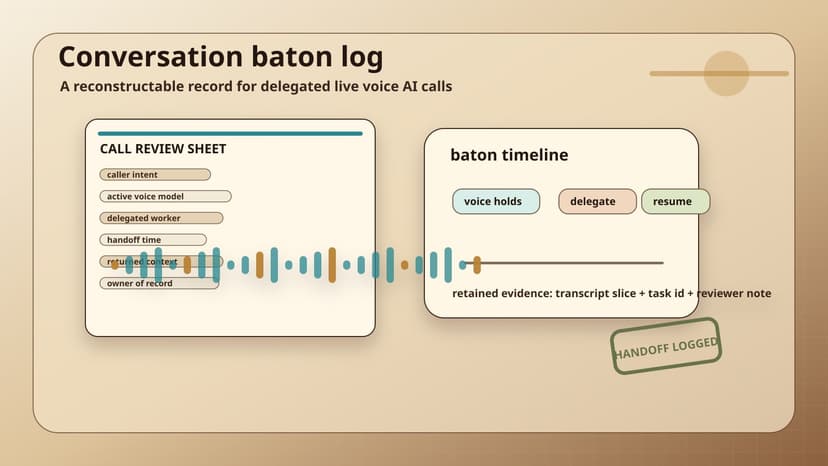 A conversation baton log records caller intent, active voice model, delegated worker, handoff time, returned context, and owner of record for a live voice AI call.