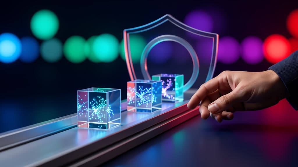 Translucent evidence cubes move through a security review gate on a cool-toned operations table.
