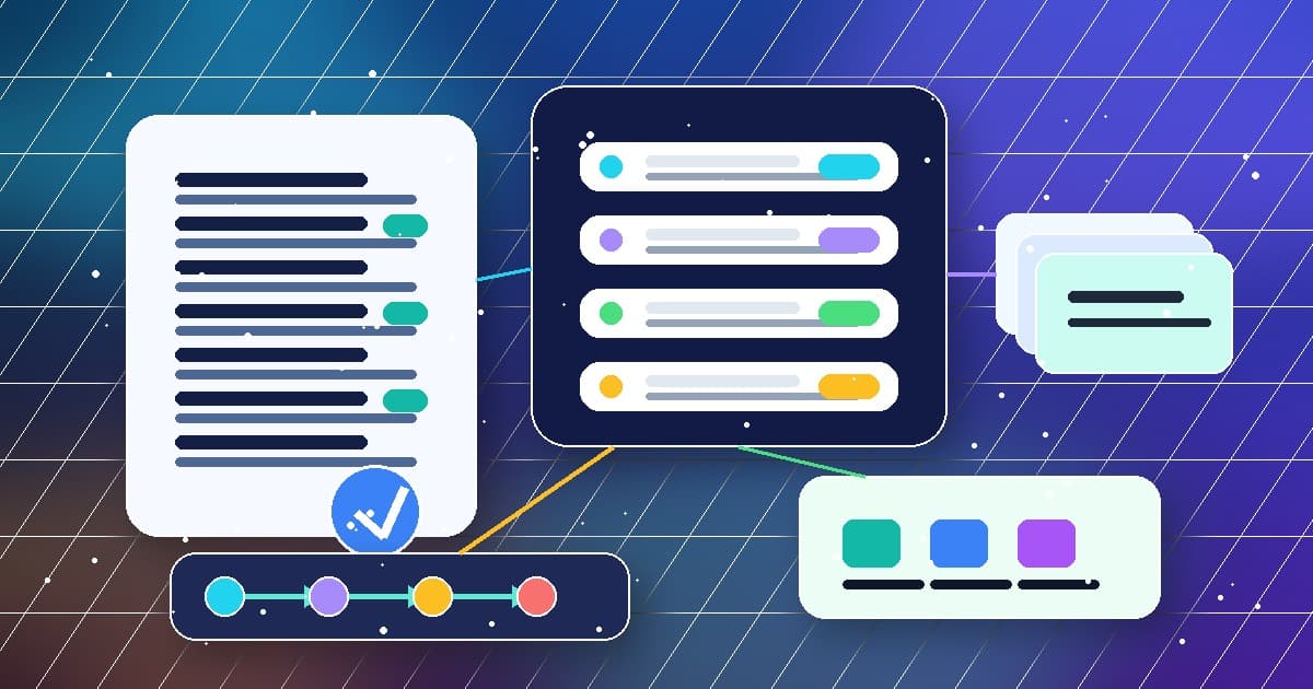 Abstract AI approval policy workflow with a document, connected checklist cards, and status blocks.