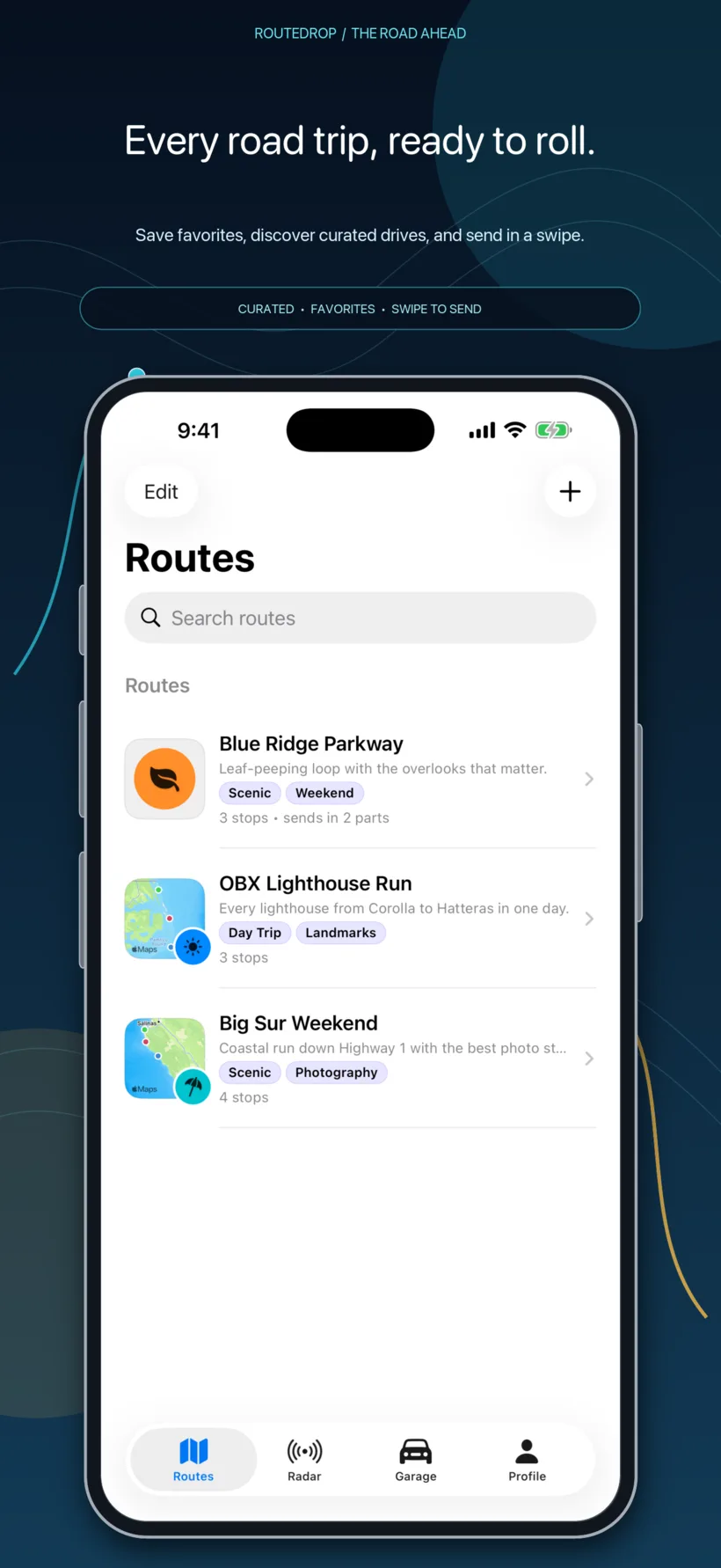 RouteDrop EV route library on iPhone with saved and curated drives.