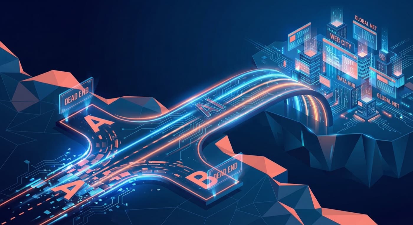 A split path in a futuristic digital landscape, one path labeled 'A' leading to a dead end, the other 'B' leading to a cliff, while a massive third path labeled 'AI' bridges the gap effortlessly.