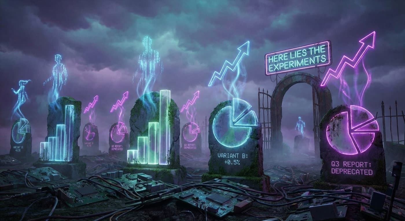 A graveyard of A/B testing reports, with digital ghosts hovering over them.