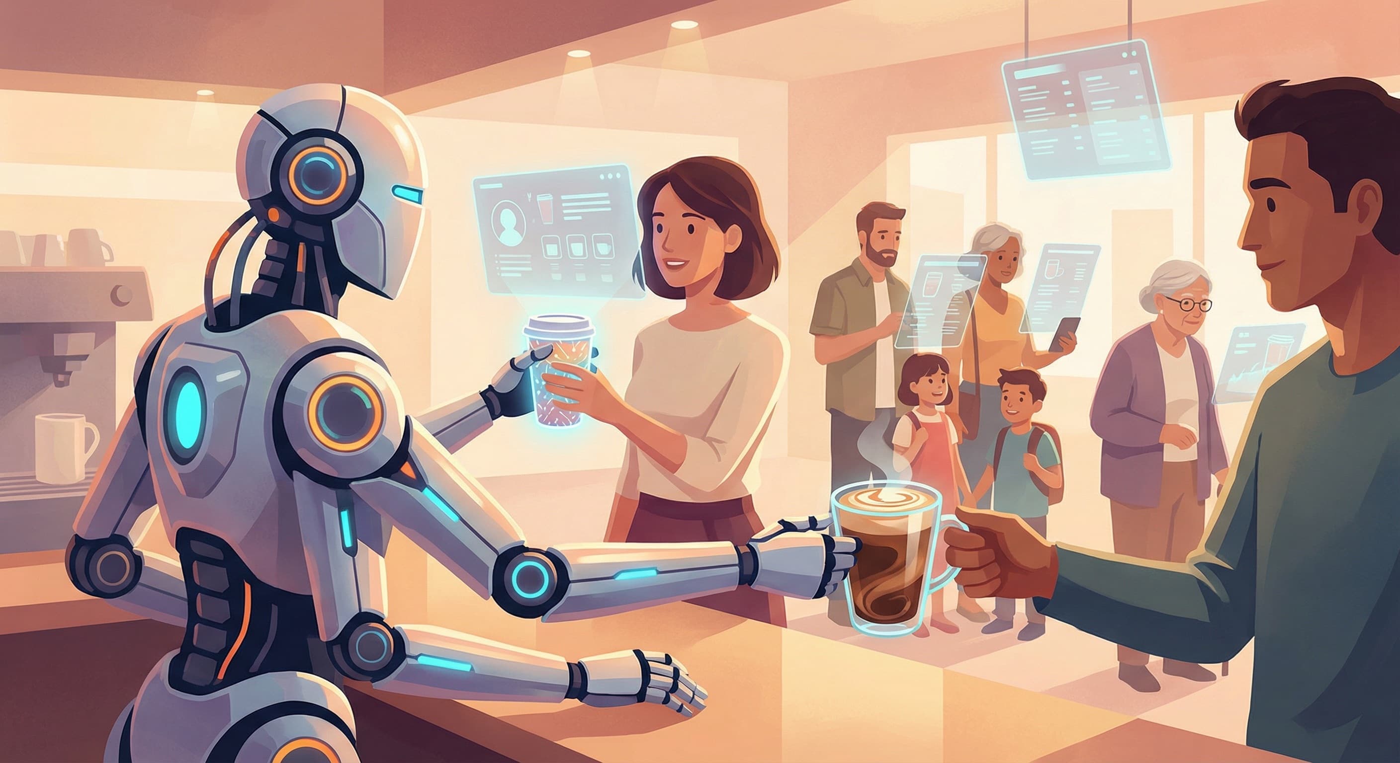 A robotic barista serving coffee to multiple distinct customers simultaneously, each with a personalized experience.