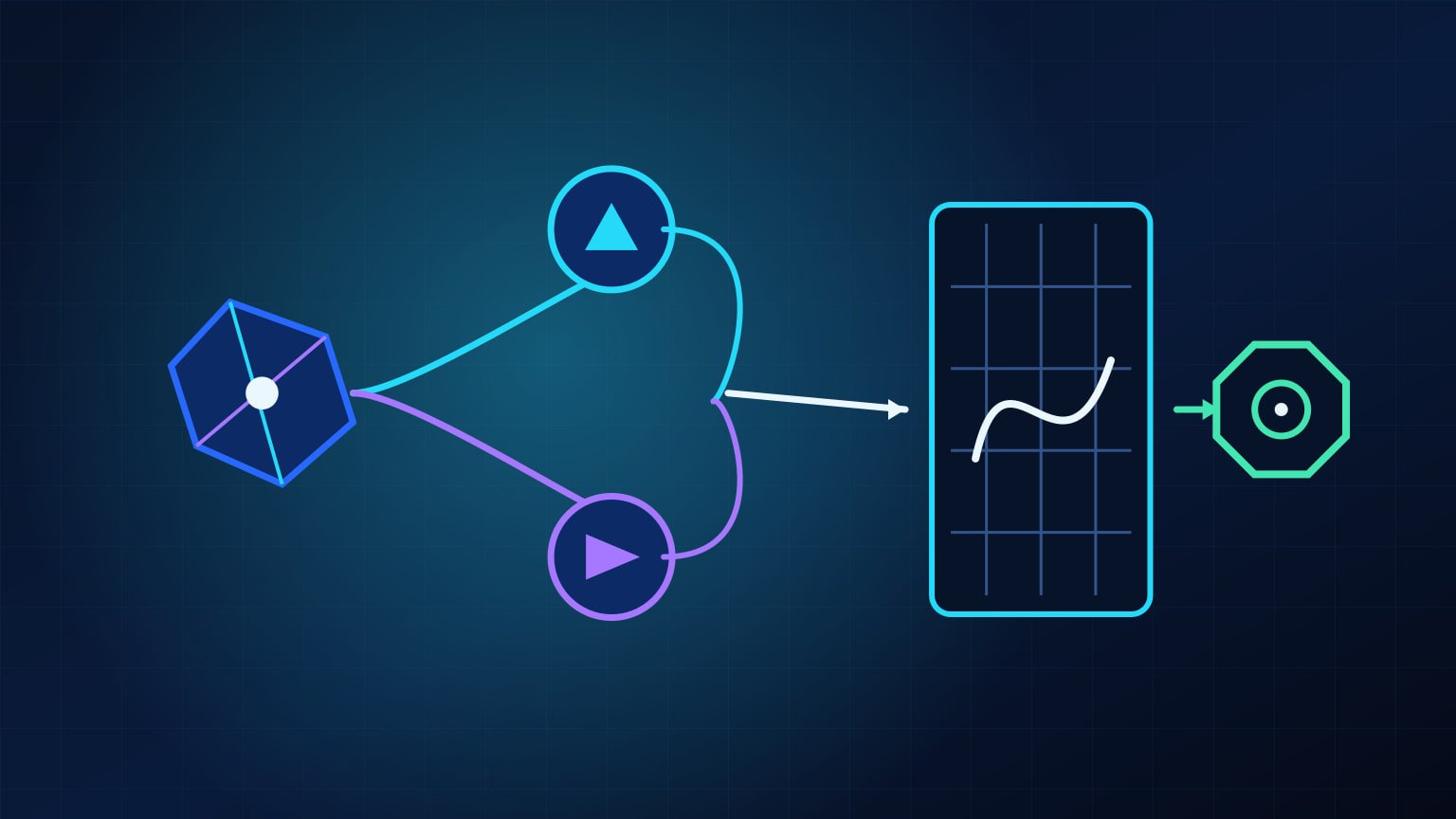 Abstract technical diagram of a proposal entering a cyan-and-violet critique loop before a separate test mesh and uncompleted approval endpoint.