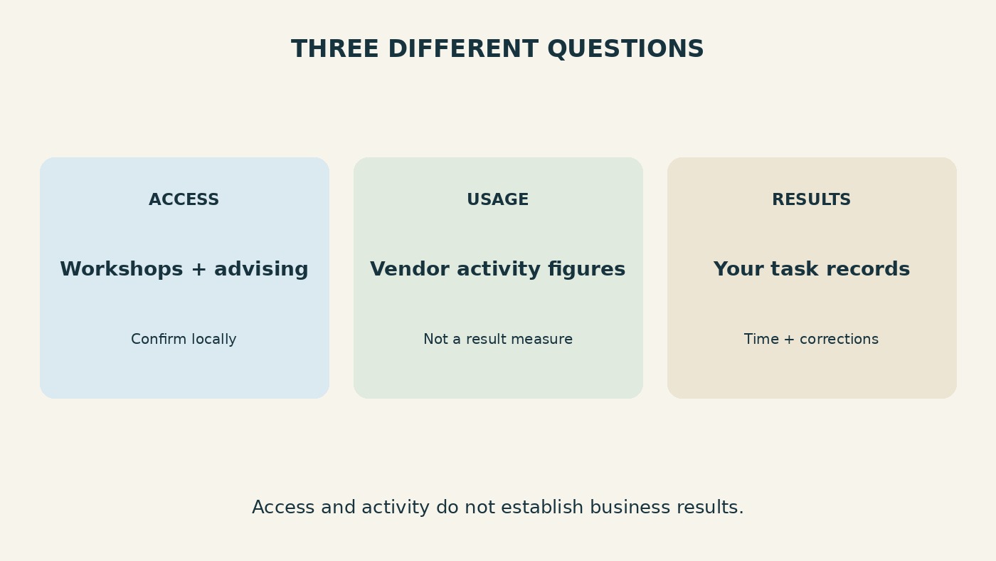 A constructed diagram separates access through workshops and advising, vendor usage figures, and business results measured from task records.