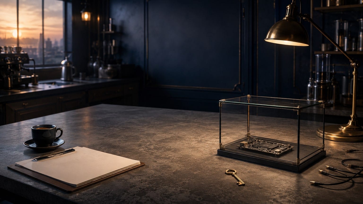 An isolated glass test chamber holds a circuit board beside a brass key and blank clipboard on a dark laboratory bench.
