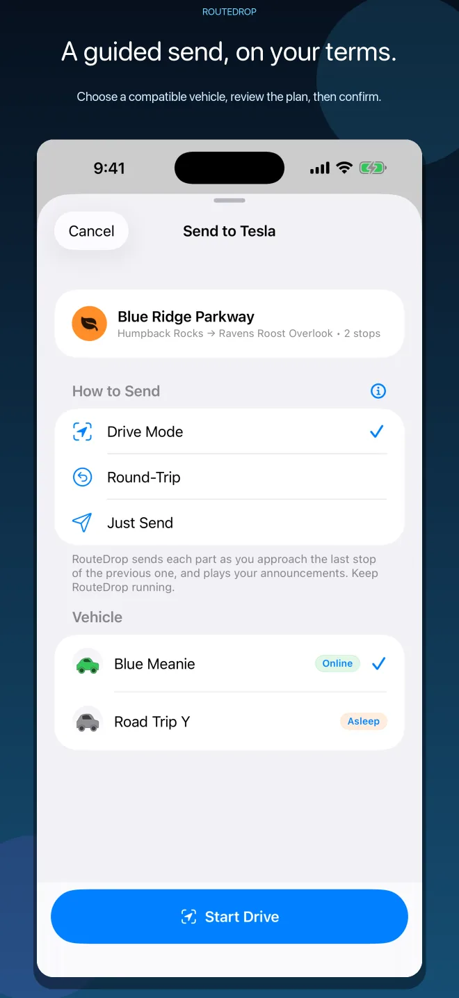 RouteDrop EV guided Send to Tesla sheet with drive modes and a compatible vehicle selection