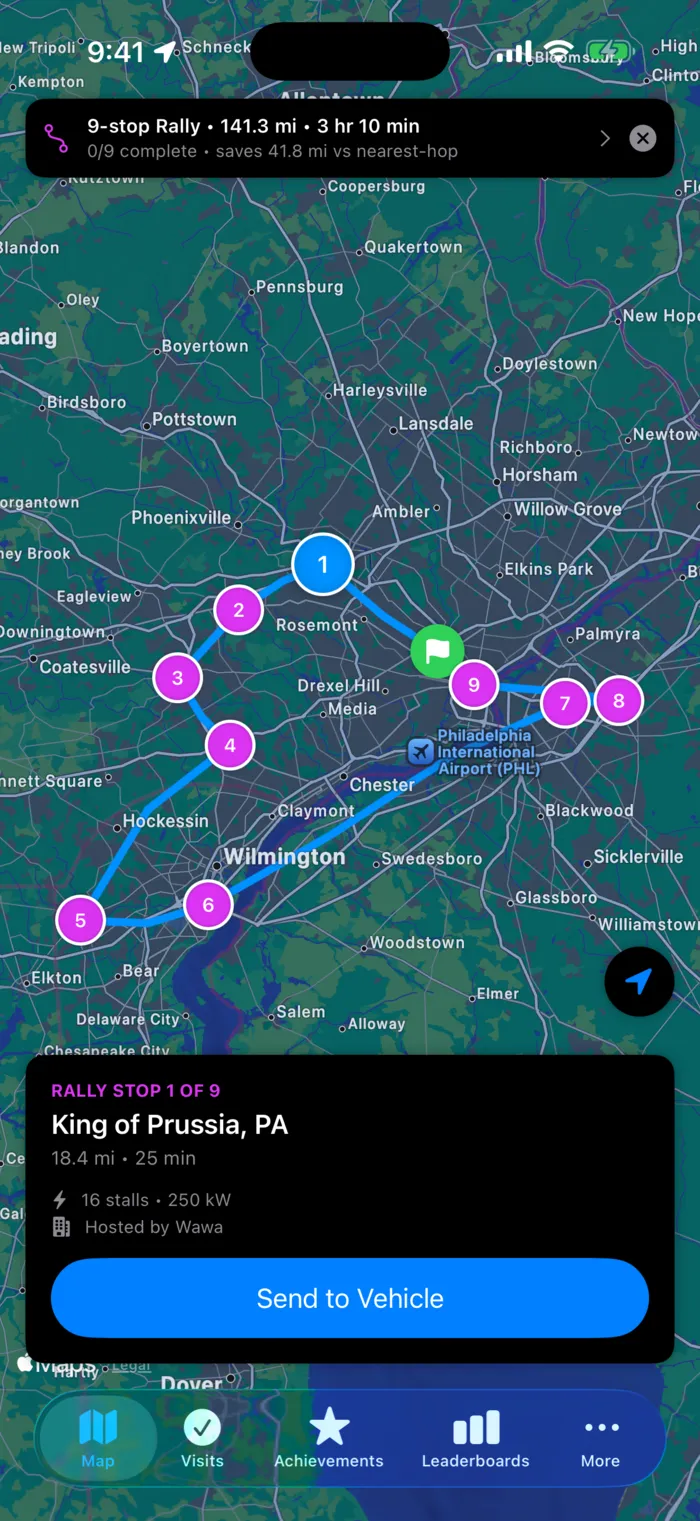 Supercharger Rally on iPhone showing a nine-checkpoint optimized route across the Philadelphia region
